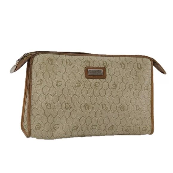 Christian Dior Honeycomb Canvas Clutch Bag PVC Leather Beige Auth bs - Picture 1 of 16